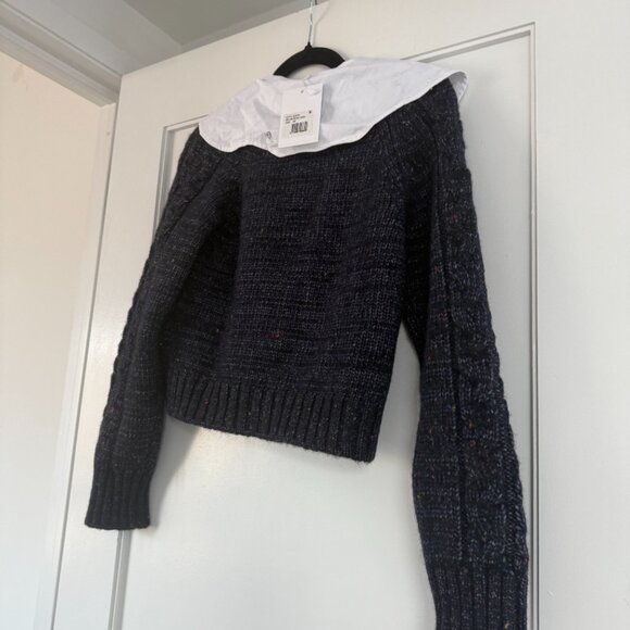 NWT Ganni Cropped Cardigan Sweater Poplin Collar In Sky Captain Cable Knit Wool - Picture 9 of 10